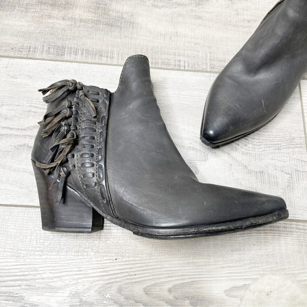 A.S.98 Black Leather Pointed Toe Ankle Boots with Fringe